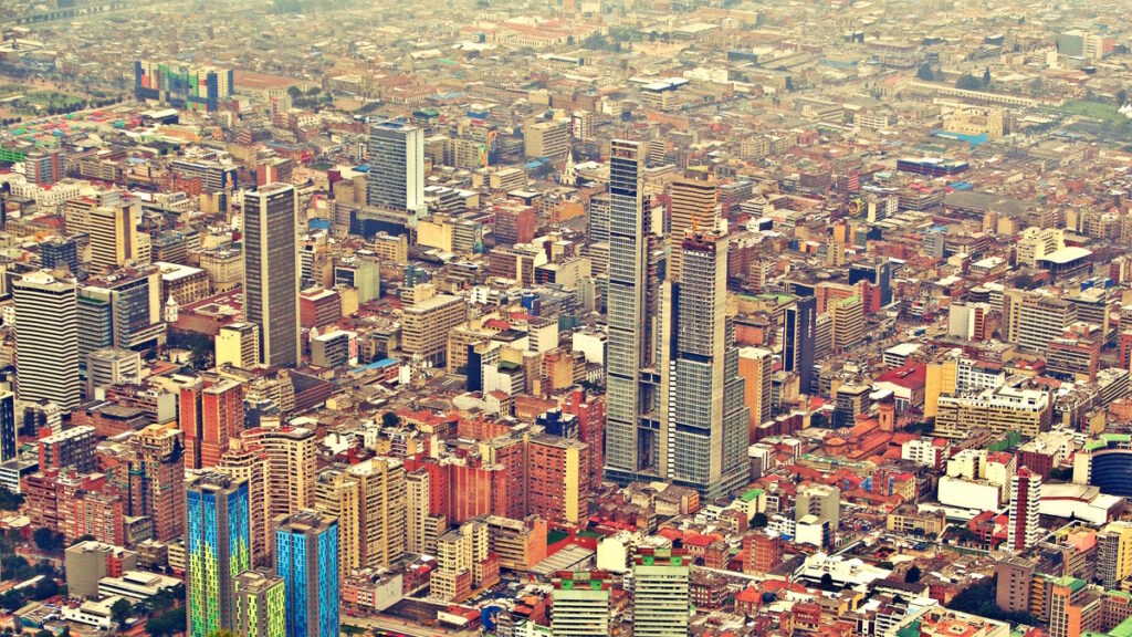 Bogota skyline with tall buildings and dense urban cityscape in Colombia.