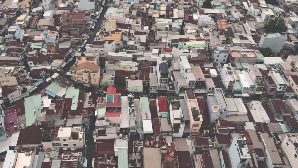 Aerial view of dense residential neighborhood in Ho Chi Minh City Vietnam.