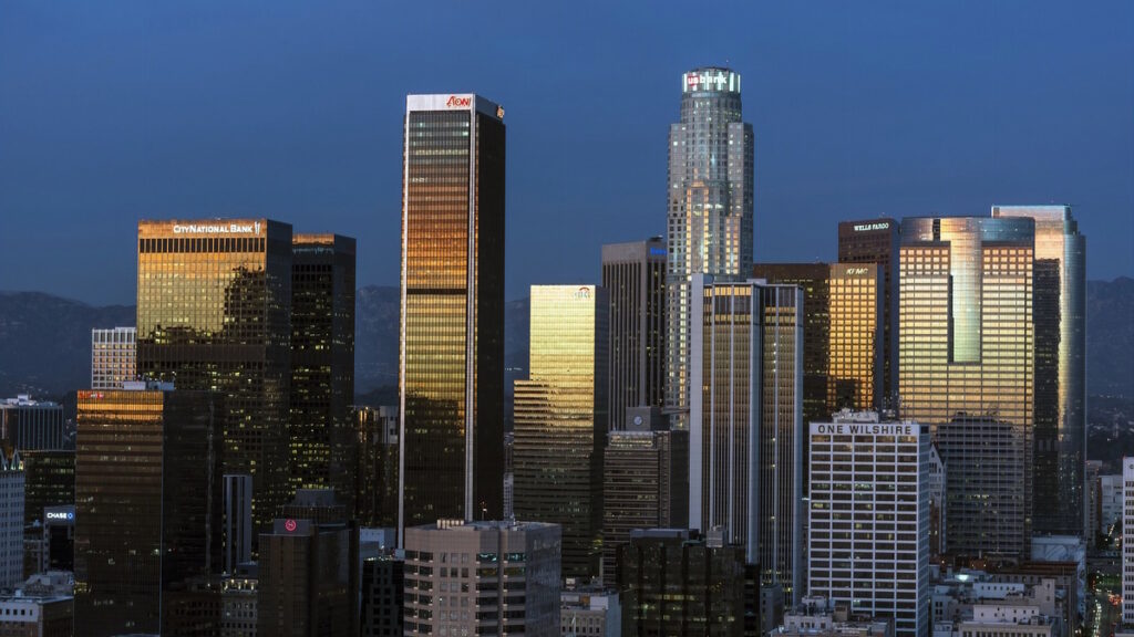 Downtown Los Angeles skyline with modern skyscrapers and city streets in California