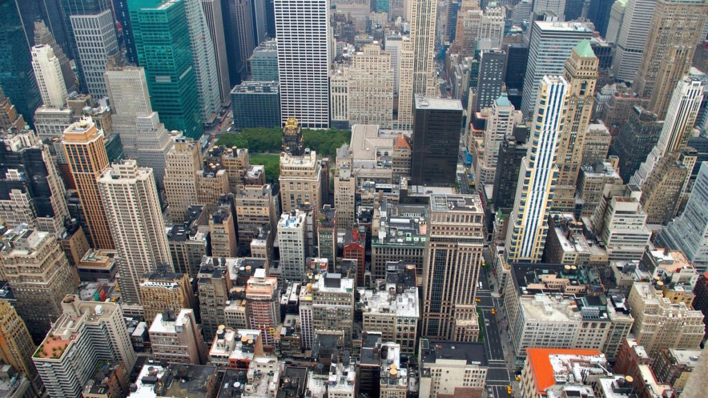 Aerial view of the New York City skyline and Midtown Manhattan skyscrapers
