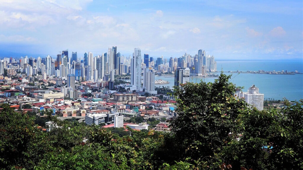 Panama City skyline with modern skyscrapers along the Pacific Ocean in Panama