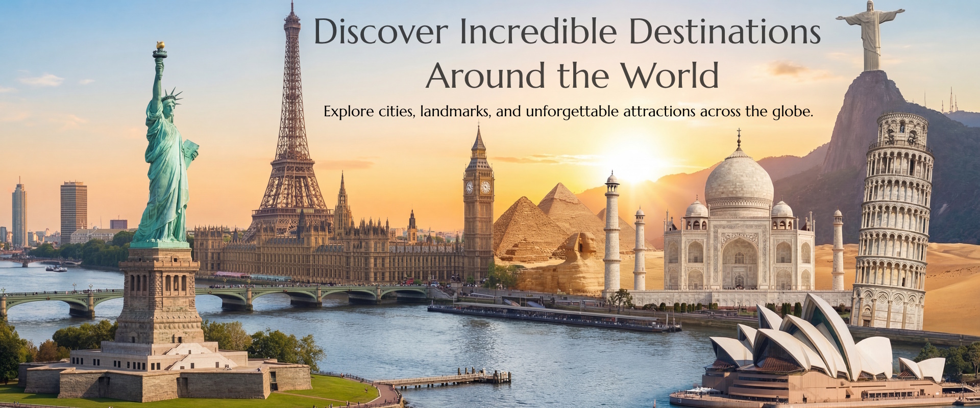 Famous world landmarks including the Statue of Liberty, Eiffel Tower, Big Ben, Taj Mahal and other global landmarks.